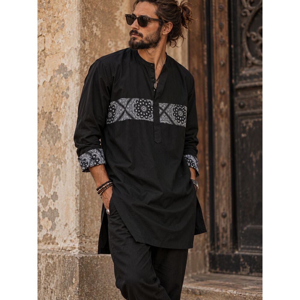 Black Bandana Paisley Longline Tunic Shirt XL Collarless Boho Streetwear